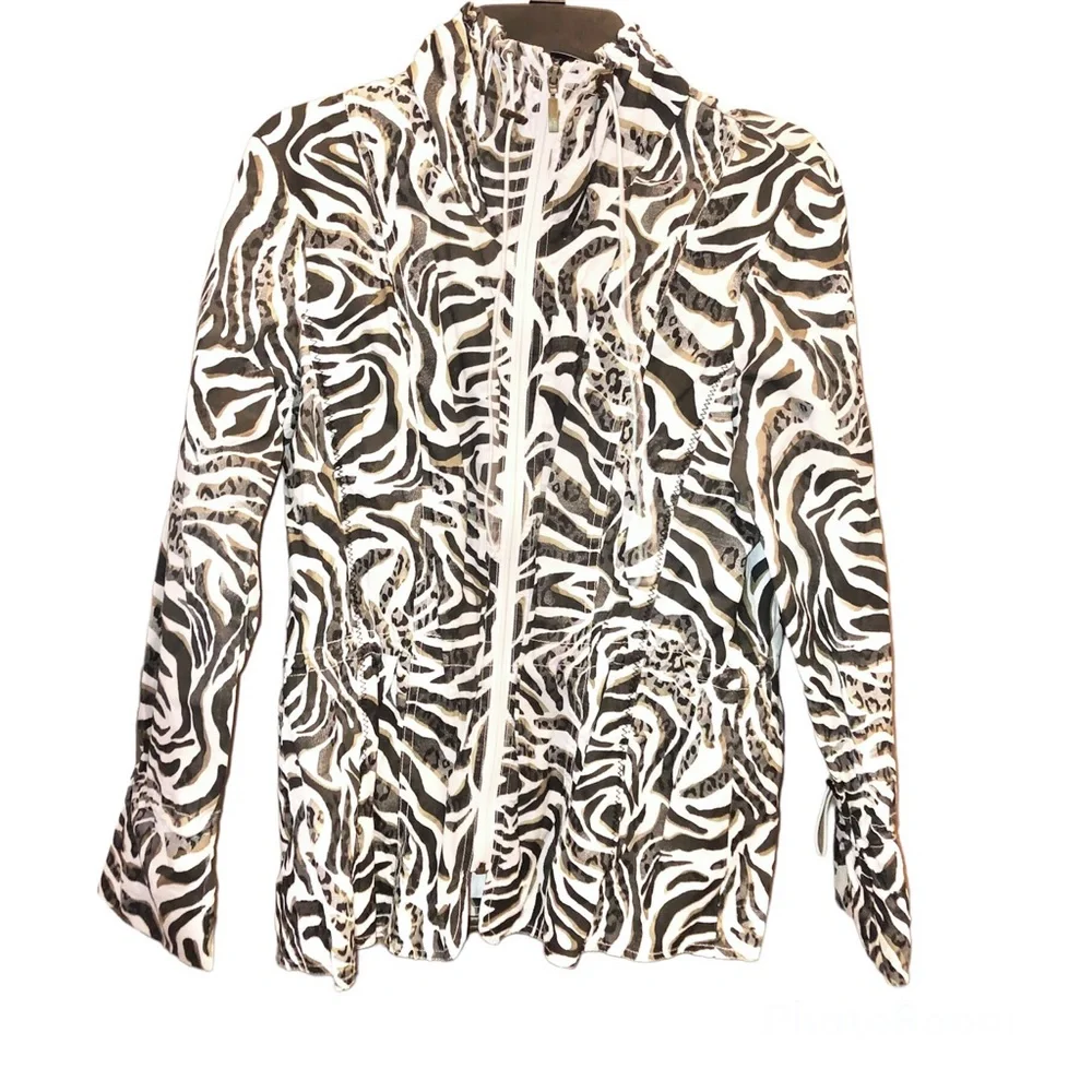 Chico’s Full Zip Funnel Neck Animal Print Zebra‎ Jacket White Black Size 2